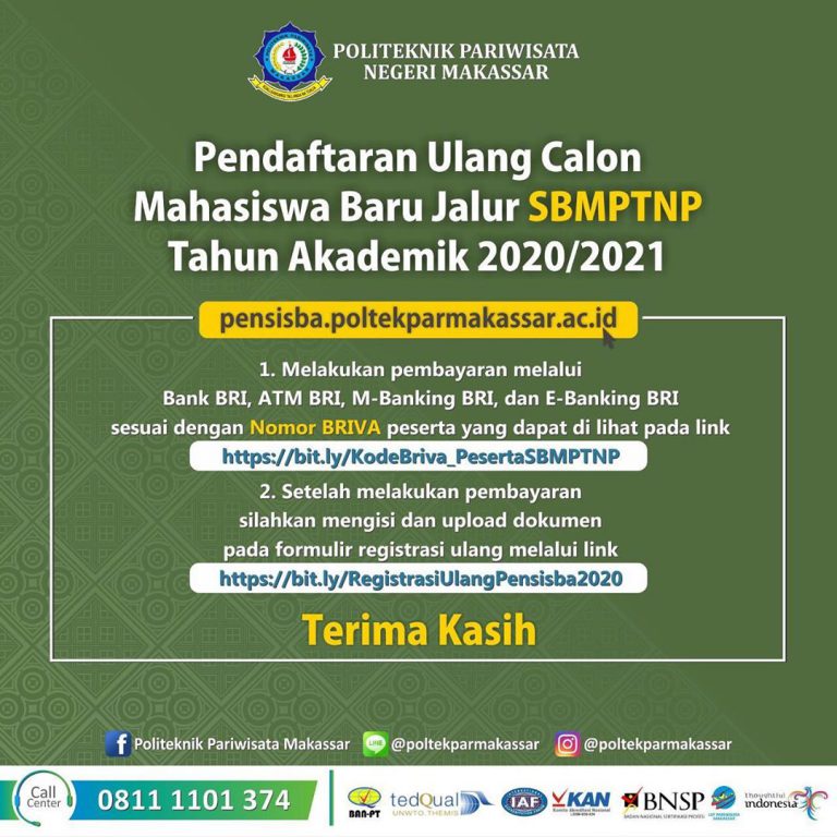 PENDAFTARAN ULANG CALON MAHASISWA BARU SBMPTNP TAHUN AKADEMIK 2020